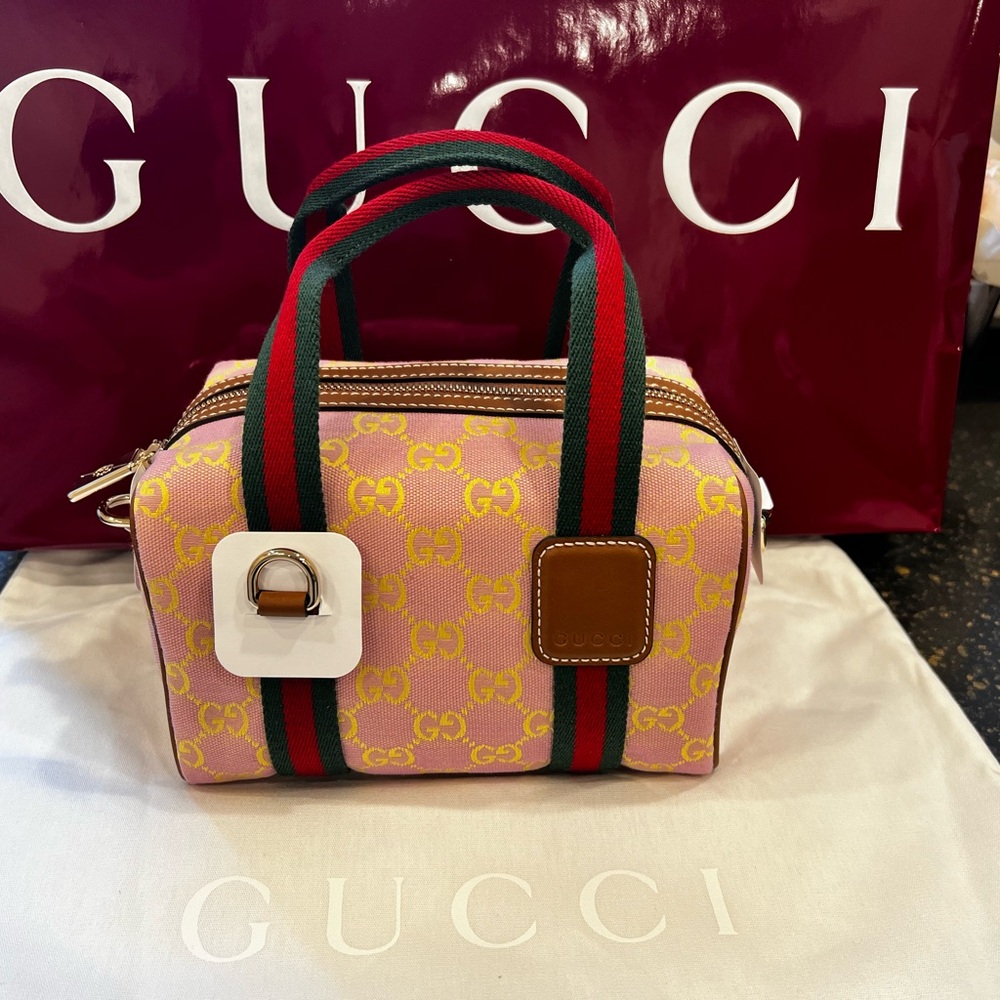 Gucci Pink GG Mini Boston w/ Green-Red Web handles & brwn leather shoulder strap